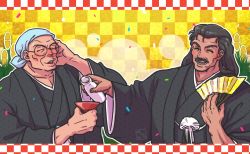 Rule 34 | 2boys, alcohol, closed eyes, fan, glasses, japanese clothes, multiple boys, ranma 1/2, sake, saotome genma, tendou souun, wanta (futoshi)