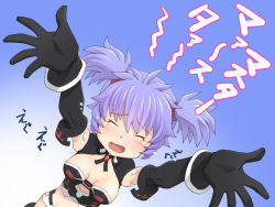 Rule 34 | 10s, 1girl, :o, altines, black gloves, blue background, blue hair, blush, breasts, brooch, busou shinki, cleavage, cleavage cutout, closed eyes, clothing cutout, detached sleeves, dutch angle, flying teardrops, gloves, gradient background, jewelry, meow (nekodenki), midriff, open mouth, outstretched arms, purple hair, scrunchie, short hair, short twintails, small breasts, solo, tears, translated, twintails