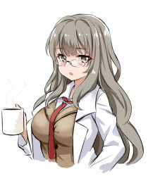 Rule 34 | 10s, 1girl, breasts, brown eyes, brown hair, cup, futaba rio, glasses, lab coat, large breasts, long hair, looking at viewer, mug, necktie, open clothes, red necktie, seishun buta yarou, simple background, solo, unname, upper body, wavy hair, white background