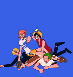Rule 34 | absurdres, blue background, crying, green eyes, grin, hat, heart, heart-shaped eyes, highres, lying, monkey d. luffy, nami (one piece), on back, one piece, onohi, roronoa zoro, sanji (one piece), simple background, sitting, sitting on person, slapping, smile, straw hat, usopp