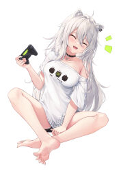 Rule 34 | 1girl, absurdres, ahoge, animal ears, barefoot, black choker, blush, breasts, choker, closed eyes, controller, cutoffs, feet, game controller, grey hair, hair between eyes, highres, hololive, indian style, large breasts, lion ears, lion girl, looking at viewer, open mouth, shishiro botan, shishiro botan (casual), sitting, soles, solo, spread toes, toes, virtual youtuber, white background, yeosi