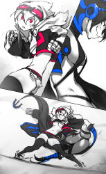 Rule 34 | :o, absurdres, bandaged hand, bandages, black choker, blue eyes, bouncing breasts, breasts, choker, cleavage, clenched hands, counter-attack, cropped jacket, curvy, dodging, duel, evil smile, fighting stance, goggles, goggles on head, highres, legs apart, long sleeves, medium breasts, midriff, motion blur, navel, niwamaru (niwarhythm), niwarhythm, original, pink eyes, pink trim, sameko (niwarhythm), shaded face, short shorts, shorts, sideboob, skinny, smile, strapless, thick thighs, thighs, toned, tube top, underboob