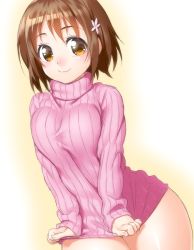 Rule 34 | 10s, 1girl, blush, bottomless, breasts, brown eyes, brown hair, clothes tug, covering privates, covering crotch, flower, hair flower, hair ornament, idolmaster, idolmaster cinderella girls, large breasts, mimura kanako, naked sweater, onsoku inu, ribbed sweater, short hair, solo, sweater, sweater tug, turtleneck