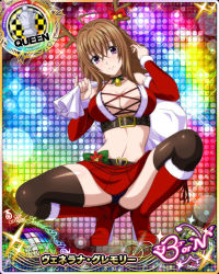 Rule 34 | 1girl, ahoge, bag, black thighhighs, boots, breasts, brown hair, card (medium), chess piece, christmas, cleavage, fake antlers, female focus, fur-trimmed boots, fur trim, hair between eyes, high school dxd, holding, holding bag, knee boots, large breasts, looking at viewer, midriff, navel, official art, purple eyes, queen (chess), red footwear, smile, solo, squatting, thighhighs, thighhighs under boots, venelana gremory