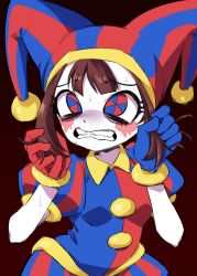 Rule 34 | 1girl, glitch productions, gloves, hat, highres, jester, jester cap, mitarai 4shi, multicolored eyes, pomni (the amazing digital circus), pulling own hair, short hair, the amazing digital circus