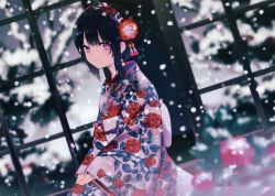 Rule 34 | achiki, black hair, closed mouth, eyebrows, eyebrows hidden by hair, flower, hair ornament, hairband, highres, japanese clothes, kimono, looking at viewer, original, purple eyes, rose, scan, seiza, short hair, sitting, smile, snow