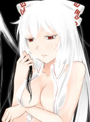 Rule 34 | 1girl, aoshima, bare shoulders, bow, breast lift, breasts, cleavage, female focus, fujiwara no mokou, hair bow, highres, long hair, no bra, open clothes, red eyes, solo, touhou, very long hair, white hair