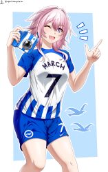 1girl ;d a_port_in_any_storm absurdres bird blue_background camera highres holding holding_camera honkai:_star_rail honkai_(series) march_7th_(honkai:_star_rail) name_connection nike_(company) one_eye_closed open_mouth pink_hair premier_league smile soccer_uniform solly_march sportswear standing uniform_number white_background