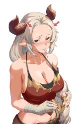 Rule 34 | 1girl, aliza (granblue fantasy), bandages, blush, braid, breasts, cleavage, crop top, draph, fingernails, granblue fantasy, unworn headwear, highres, horns, large breasts, long hair, midriff, solo, sunao (souis), white background