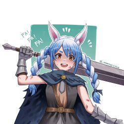 Rule 34 | 1girl, absurdres, animal ear fluff, animal ears, belt, blue hair, blue ribbon, brown belt, coat, gauntlets, hair ribbon, hand up, highres, holding, holding sword, holding weapon, hololive, huge weapon, injury, laughing, long hair, looking at viewer, multicolored hair, open mouth, orange eyes, rabbit ears, ribbon, scar, scratches, seventeencrows, short eyebrows, simple background, solo, sword, teeth, tongue, twintails, two-tone background, two-tone hair, upper body, upper teeth only, usada pekora, virtual youtuber, weapon