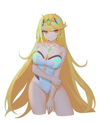 Rule 34 | 1girl, blonde hair, breasts, casual one-piece swimsuit, chest jewel, gem, headpiece, highres, large breasts, long hair, mythra (radiant beach) (xenoblade), mythra (xenoblade), one-piece swimsuit, siun, solo, strapless, strapless one-piece swimsuit, striped clothes, striped one-piece swimsuit, swept bangs, swimsuit, tiara, two-tone swimsuit, vertical-striped clothes, vertical-striped one-piece swimsuit, very long hair, white one-piece swimsuit, xenoblade chronicles (series), xenoblade chronicles 2, yellow eyes