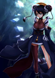 Rule 34 | 1girl, aqua background, ar tonelico, arms at sides, black hair, blue background, braid, breasts, brown thighhighs, closed mouth, collarbone, commentary request, detached sleeves, floating hair, green eyes, hair between eyes, half-closed eyes, halterneck, headgear, jampen, japanese clothes, large breasts, long hair, looking down, misha arsellec lune, ribbon, single thighhigh, sleeves past wrists, solo, standing, tassel, thighhighs, twin braids, white ribbon, wide sleeves, wind, yin yang