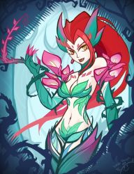 Rule 34 | 1girl, bare shoulders, breasts, cleavage, flower, inkinesss, leaf, league of legends, lips, long hair, medium breasts, monster girl, navel, plant, red hair, signature, solo, thorns, vines, yellow eyes, zyra