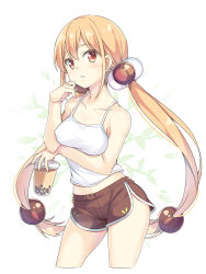 Rule 34 | 1girl, arm under breasts, bare arms, bare shoulders, blush, breast hold, breasts, brown eyes, brown hair, brown shorts, bubble tea, camisole, collarbone, commentary request, cropped legs, cup, disposable cup, hair between eyes, hair bobbles, hair ornament, hatsunatsu, holding, holding cup, long hair, low twintails, medium breasts, midriff, parted lips, short shorts, shorts, solo, twintails, very long hair, white background, white camisole, xiaoyuan (you can eat the girl), you can eat the girl