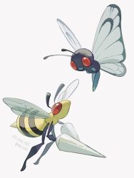 Rule 34 | animal focus, bee, beedrill, bug, butterfly, butterfree, creatures (company), eye contact, game freak, gen 1 pokemon, highres, insect, looking at another, mokuzou (moku ssbu), nintendo, no humans, pokemon, pokemon (creature), red eyes, simple background, symbol-only commentary, twitter username, white background