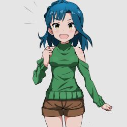 Rule 34 | 1girl, :d, bare shoulders, blue hair, blush, braid, breasts, brown shorts, cowboy shot, detached sleeves, dot nose, eyelashes, forehead, green sweater, grey background, hand up, idolmaster, idolmaster million live!, idolmaster million live! theater days, long sleeves, looking at viewer, medium breasts, nanao yuriko, nejime (nejimeinu), off shoulder, open mouth, parted bangs, short hair, shorts, sidelocks, simple background, smile, solo, standing, sweater, v-shaped eyebrows, yellow eyes