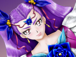 Rule 34 | 00s, 1girl, blue rose, circlet, dutch angle, earrings, eyelashes, flower, hair ornament, hairpin, jewelry, long hair, m3t, magical girl, milk (yes! precure 5), milky rose, mimino kurumi, precure, purple background, purple hair, red eyes, rose, smile, solo, two side up, yes! precure 5, yes! precure 5 gogo!