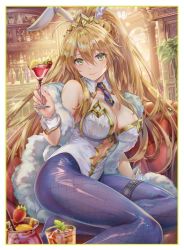 Rule 34 | 1girl, alcohol, animal ears, artoria pendragon (all), artoria pendragon (fate), artoria pendragon (lancer) (fate), artoria pendragon (swimsuit ruler) (fate), blonde hair, breasts, cherry, cleavage, closed mouth, cocktail, cocktail glass, cup, detached collar, drinking glass, fake animal ears, fate/grand order, fate (series), fingernails, fishnets, food, fruit, green eyes, highres, holding, indoors, jewelry, large breasts, lemon, lemon slice, leotard, lips, long hair, navel, pantyhose, playboy bunny, ponytail, rabbit ears, rabbit tail, shiny clothes, sitting, solo, stomach, strapless, strapless leotard, tail, thigh strap, tiara, torino aqua, wrist cuffs