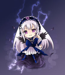 Rule 34 | 00s, 1girl, black wings, chibi, electricity, flower, frilled sleeves, frills, full body, hairband, lolita hairband, long sleeves, looking at viewer, magic, pink eyes, rose, rozen maiden, silver hair, solo, suigintou, toda ayu, wings
