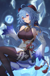Rule 34 | ahoge, ayi01, bare shoulders, bell, black gloves, blue hair, bow, bowtie, breasts, commentary request, detached sleeves, ganyu (genshin impact), genshin impact, gloves, gold trim, highres, horns, large breasts, long hair, neck bell, orb, purple eyes, sidelocks, solo, very long hair, vision (genshin impact), white sleeves