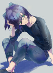 Rule 34 | 1girl, a-chan (hololive), black footwear, black shirt, bow, breasts, collarbone, denim, full body, glasses, green eyes, grey background, hair between eyes, hair bow, hand on own head, highres, hololive, jeans, lips, looking at viewer, pants, ponytail, purple hair, shadow, shirt, shoes, short hair, simple background, sitting, small breasts, smile, solo, t-shirt, virtual youtuber, yohane