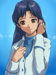 Rule 34 | 00s, 1girl, adjusting hair, bad id, bad pixiv id, blue hair, blue sweater, brown eyes, coat, hand on own chest, hand up, head tilt, idolmaster, idolmaster (classic), idolmaster 1, jacket, kisaragi chihaya, long sleeves, looking away, looking to the side, lowres, matsudo aya, solo, sweater, upper body, white jacket, worried