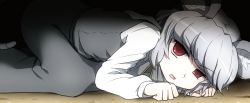Rule 34 | 1girl, animal ears, dress, grey dress, grey hair, grey theme, hiding, long sleeves, looking at viewer, lying, mouse ears, mouse tail, nazrin, on side, open mouth, red eyes, shirosato, shirt, solo, tail, touhou, uneven eyes
