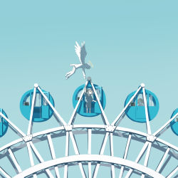 Rule 34 | 1boy, 2others, absurdres, angel wings, arm up, avogado6, blue background, commentary, death, ferris wheel, floating, halo, highres, hospital gown, intravenous drip, looking at another, monitor, multiple others, open door, original, outdoors, reaching, simple background, symbolism, wings