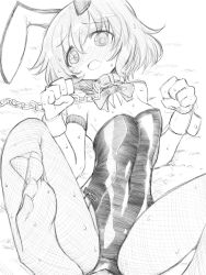 Rule 34 | 10s, 1girl, akiyama yukari, animal ears, armlet, blush, bow, bowtie, breasts, bunny day, chain, chain leash, clenched hand, collar, commentary, covered navel, crotch seam, detached collar, fake animal ears, fishnet pantyhose, fishnets, foreshortening, from above, girls und panzer, graphite (medium), greyscale, kyuusui gakari, leash, legs up, leotard, looking at viewer, lying, messy hair, monochrome, on back, pantyhose, playboy bunny, rabbit ears, short hair, side-tie leotard, small breasts, solo, spread legs, strapless, strapless leotard, sweat, traditional media, wrist cuffs
