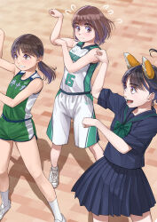 Rule 34 | 3girls, animal ears, ankle socks, basketball, basketball court, basketball uniform, black hair, black sailor collar, black shirt, black skirt, blush, bob cut, bow, bowtie, breasts, brown eyes, cat ears, closed mouth, commentary, dancing, dolphin shorts, embarrassed, fake animal ears, feet out of frame, floating hair, flying sweatdrops, full body, green bow, green bowtie, green shirt, green shorts, grin, jersey, long hair, looking ahead, looking at another, multiple girls, naoetsu high school uniform, nose blush, open mouth, original, otsu natsu, parted lips, paw pose, pleated skirt, ponytail, sailor collar, school uniform, serafuku, shirt, shoes, short hair, short shorts, shorts, skirt, sleeveless, sleeveless shirt, sleeves rolled up, small breasts, smile, sneakers, socks, sportswear, spread legs, standing, thick eyebrows, track uniform, white footwear, white shirt, white shorts, white socks, wooden floor