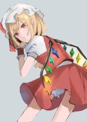 Rule 34 | 1girl, 8901maru, blonde hair, dress, flandre scarlet, frilled cuffs, frilled hat, frills, hat, highres, rainbow wings, red dress, shirt, simple background, solo, touhou, underwear, watermark, white shirt