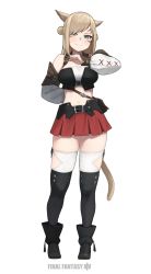 Rule 34 | 1girl, :3, accio, animal ears, arm behind back, bag, belt, black footwear, black thighhighs, blonde hair, blue eyes, blush, boots, breasts, cat ears, commentary request, double bun, final fantasy, final fantasy xiv, full body, hair bun, hand up, highres, long sleeves, looking at viewer, medium breasts, midriff, miniskirt, miqo&#039;te, navel, pleated skirt, red skirt, shoulder bag, skindentation, skirt, sleeveless, smile, solo, standing, thighhighs, white background, white thighhighs