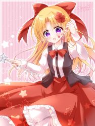 Rule 34 | 1girl, black vest, blonde hair, blouse, bow, bowtie, collared shirt, commentary request, elis (touhou), facial mark, flower, frilled skirt, frills, hair bow, hair flower, hair ornament, highres, holding, holding wand, long hair, long skirt, long sleeves, no wings, open clothes, open mouth, open vest, parted bangs, pointy ears, purple eyes, red bow, red bowtie, red eyes, red skirt, shirt, simple background, skirt, solo, star (symbol), star wand, striped, striped background, touhou, touhou (pc-98), vampire, very long hair, vest, wand, white shirt, yurufuwa milk
