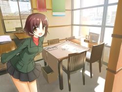 Rule 34 | 1girl, :d, absurdres, alina (girls und panzer), black skirt, brown eyes, brown hair, chair, commentary request, day, girls und panzer, green jacket, highres, indoors, insignia, instrument, jacket, kantele, leaning forward, long sleeves, looking at viewer, miniskirt, open mouth, pleated skirt, pravda school uniform, rebirth42000, red shirt, school uniform, shirt, short hair, skirt, smile, solo, standing, sunlight, table, turtleneck, wooden chair, wooden table