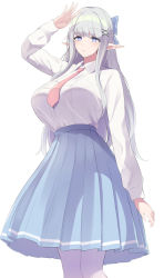 Rule 34 | 1girl, :o, blue bow, blue eyes, blue skirt, blush, bow, breasts, collared shirt, commentary request, elf, emilia (re:zero), hair bow, hair ornament, hand up, highres, large breasts, long hair, long sleeves, looking at viewer, necktie, open mouth, original, pantyhose, pink necktie, pointy ears, shirt, shirt tucked in, simple background, skirt, white background, white hair, white pantyhose, white shirt, yukage