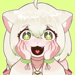 Rule 34 | 1girl, :3, :d, ahoge, animal ears, bare shoulders, blush, braid, commentary, fang, ferret ears, ferret girl, food, food-themed necklace, fruit, gradient hair, green background, green eyes, green hair, hair between eyes, hands on own face, hands up, heart, heart in mouth, highres, jacket, laimu (vtuber), lime (fruit), lime necklace, lime slice, long sleeves, looking at viewer, multicolored hair, off shoulder, open mouth, sh4, simple background, smile, solo, straight-on, upper body, vinesauce, virtual youtuber, white hair, white jacket