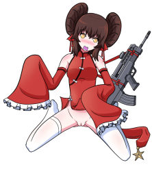 Rule 34 | 1girl, assault rifle, blush, bow, breasts, brown hair, bullpup, china dress, chinese clothes, clothes lift, condom, condom in mouth, condom wrapper, detached sleeves, double bun, dress, dress lift, girls&#039; frontline, gun, hair bun, hair ribbon, kneeling, kongjian cuoluan, long sleeves, looking at viewer, medium breasts, mouth hold, no panties, pussy, qbz-97, red dress, ribbon, rifle, short hair, sleeveless, sleeveless dress, sleeves past wrists, smile, star (symbol), thighhighs, type 97 (girls&#039; frontline), weapon, white background, white thighhighs, yellow eyes