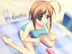 Rule 34 | 1girl, ahoge, barefoot, beach, bikini, blush, brown hair, clenched hand, cooler, day, food, game cg, green eyes, hair ornament, hairclip, messy, murakami suigun, popsicle, sandals, sexually suggestive, shoes, unworn shoes, short hair, silvery white, sitting, solo, swimsuit, takamura makiho, wariza