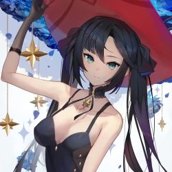 Rule 34 | 1girl, bad id, bad twitter id, bare shoulders, black dress, black hair, breasts, dress, genshin impact, green eyes, hat, highres, long hair, looking at viewer, medium breasts, mona (genshin impact), scottie (phantom2), solo, twintails, upper body, witch hat