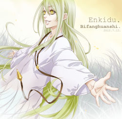 Rule 34 | 1boy, androgynous, artist name, bifanghuanshi, character name, dated, enkidu (fate), fate/strange fake, fate (series), green hair, long hair, male focus, robe, solo, yellow eyes