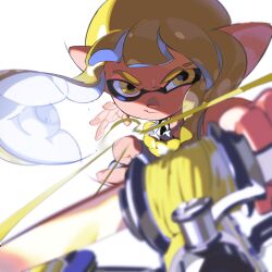 Rule 34 | 1girl, absurdres, blonde hair, blurry, bow (weapon), closed mouth, depth of field, foreshortening, furrowed brow, highres, inkling, inkling girl, inkling player character, long hair, looking at viewer, nintendo, pointy ears, simple background, solo, splatoon (series), splatoon 3, suction cups, tentacle hair, tri-stringer (splatoon), uneven eyes, weapon, white background, yellow eyes, yoneyama mai