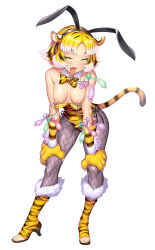 Rule 34 | 1girl, 2024, action taimanin, animal ears, animal hands, animal print, bad tag, bare shoulders, bent over, blonde hair, blush, boots, bow, bowtie, breasts, chain, cleavage, clothing aside, condom, condom on nipples, detached collar, fake animal ears, fangs, fishnet pantyhose, fishnets, fur-trimmed boots, fur trim, green eyes, hand on own knee, high heels, highres, large breasts, leotard, leotard aside, looking at viewer, nipple chain, open mouth, pantyhose, playboy bunny, rabbit ears, seductive smile, short hair, smile, strapless, strapless leotard, sweat, tail, taimanin (series), taimanin rpgx, teasing, tiger ears, tiger girl, tiger paws, tiger print, tiger stripes, tiger tail, toeless footwear, toeless legwear, tongue, tongue out, torajiro (taimanin series), used condom, wrist cuffs, yellow leotard, zol