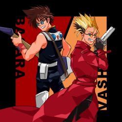 Rule 34 | 2boys, agl arms .45 long colt, back turned, belt pouch, blonde hair, blue eyes, break-action revolver, brown hair, coat, crossover, from side, glasses, guitar, gun, handgun, instrument, low bore axis revolver, macross, macross 7, multicolored hair, multiple boys, nekki basara, pouch, revolver, spiked hair, thighhighs, trench coat, trigun, two-tone hair, vash the stampede, weapon, yellow eyes, yumekijiiro