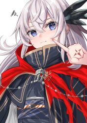 Rule 34 | 1girl, absurdres, blue eyes, cape, cheek poking, command spell, fate/grand order, fate (series), feather hair ornament, feathers, fujimaru ritsuka (female), grey hair, hair ornament, highres, long hair, nigori (keydoor), poking, pov, pov hands, red cape, saika magoichi (fate), squiggle, white background