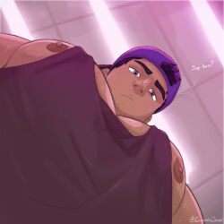 Rule 34 | 1boy, :/, absurdres, backwards hat, bara, baseball cap, black hair, black tank top, cupcake danshi, dark-skinned male, dark skin, facial hair, foreshortening, from below, goatee stubble, hat, highres, large pectorals, looking at viewer, looking down, male focus, meme, muscular, muscular male, nipple slip, nipples, original, pectoral cleavage, pectoral focus, pectorals, photo-referenced, short hair, sidepec, solo, sparse chest hair, stubble, sweat, tank top, thick eyebrows, upper body, yur oc like this (meme)