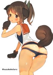 Rule 34 | 10s, 1girl, animal ears, animal hands, ass, blush, brown eyes, brown hair, butt crack, dog ears, dog tail, hair ornament, i-401 (kancolle), kantai collection, kemonomimi mode, leaning forward, looking at viewer, open mouth, ponytail, school swimsuit, short hair, simple background, solo, standing, suzuho hotaru, swimsuit, tail, tan, tanline, twitter username, white background