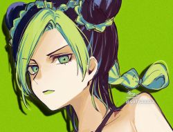 Rule 34 | 1girl, bare shoulders, black hair, braid, closed mouth, collarbone, double bun, green background, green eyes, green hair, green lips, hair bun, highres, jojo no kimyou na bouken, kuujou jolyne, long hair, looking at viewer, multicolored hair, parted bangs, portrait, shadow, signature, sofra, solo, stone ocean, twitter username, two-tone hair, v-shaped eyebrows
