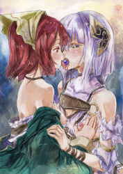 Rule 34 | + +, 2girls, atelier (series), atelier sophie, bad id, bad pixiv id, bare shoulders, grabbing another&#039;s breast, breasts, eye contact, female focus, french kiss, grabbing, green eyes, hair ornament, head scarf, kiss, light purple hair, long hair, looking at another, multiple girls, nipples, off shoulder, orb, plachta, red eyes, red hair, short hair, small breasts, sophie neuenmuller, yohane, yuri