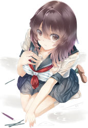Rule 34 | 1girl, bra, breasts, brown eyes, brown hair, cleavage, hand on own chest, highres, lingerie, looking at viewer, medium breasts, original, pen, school uniform, see-through, seiza, serafuku, shirt, simple background, sitting, socks, solo, striped bra, striped clothes, sts, tears, underwear, wet, wet clothes, wet shirt, white socks