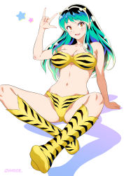 Rule 34 | animal print, arm support, artist name, bare arms, bikini, boots, breasts, brown eyes, cleavage, collarbone, commentary request, crotch, green hair, highres, horns, joy ride, lum, medium breasts, navel, open mouth, print bikini, simple background, sitting, smile, spread legs, star (symbol), swimsuit, thigh boots, tiger print, urusei yatsura, white background, yellow bikini